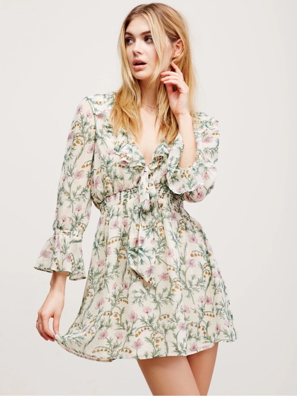 FREE PEOPLE Ruffle Me Up 3/4 Sleeve Chiffon Floral Mini Dress Multi XS